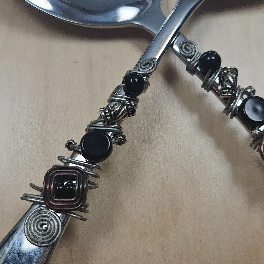 RARE Gorham 18/10 Stainless Wired beaded salad serving utensils Silver and Black
